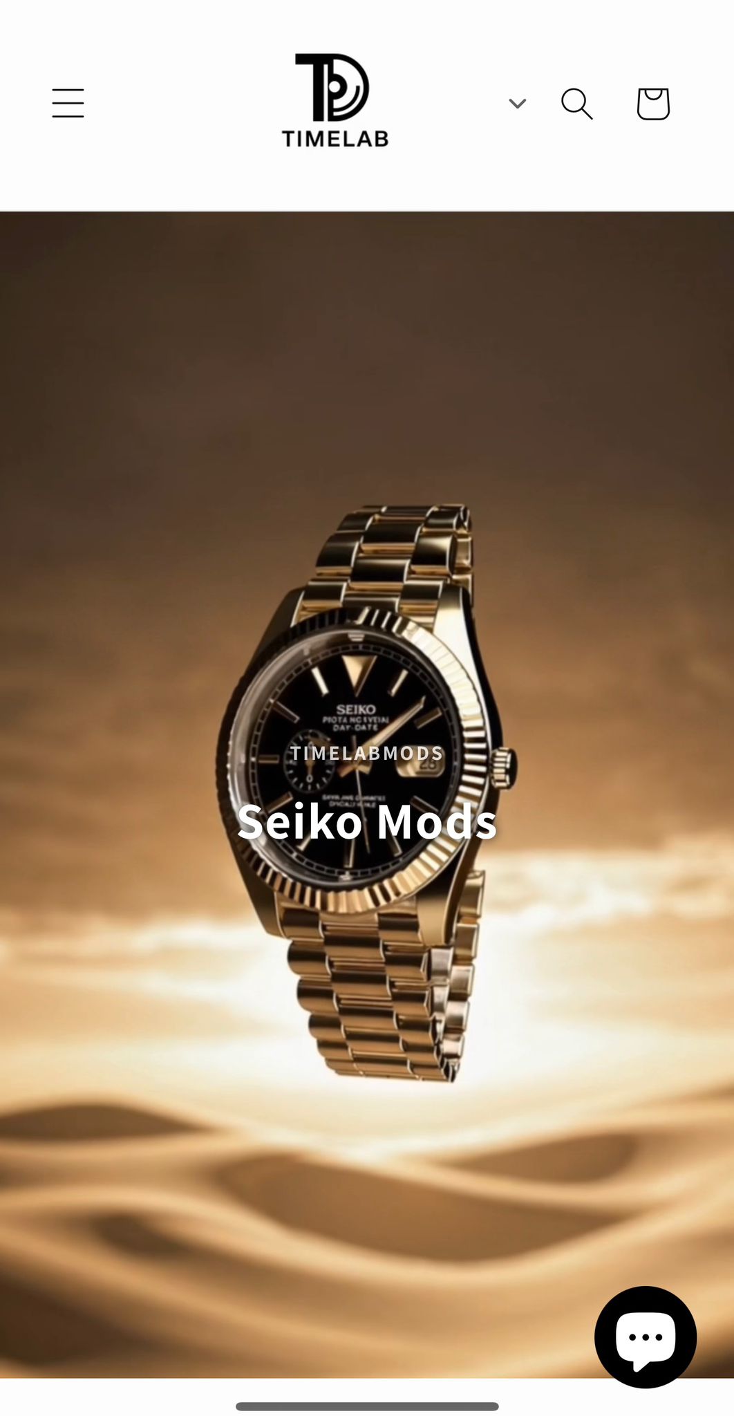 Timelab Mods brand website showing custom watch modifications